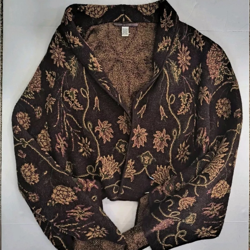 Peruvian Connection Floral wool/cotton blend Cardigan - Brown and Gold